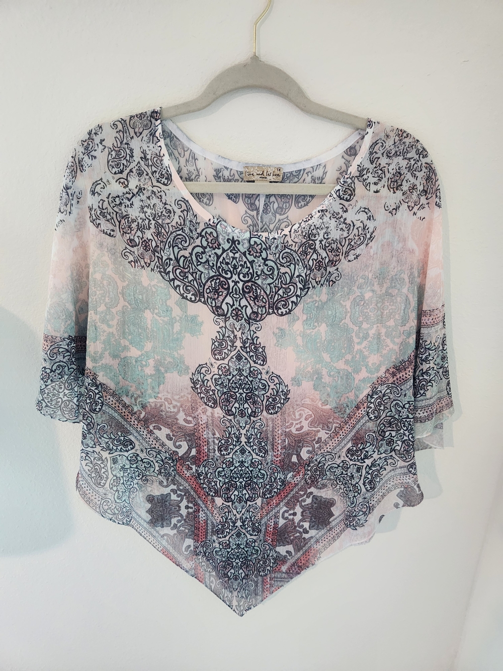 Sheer Paisley V-Neck Tunic Top in Soft Pink & Aqua